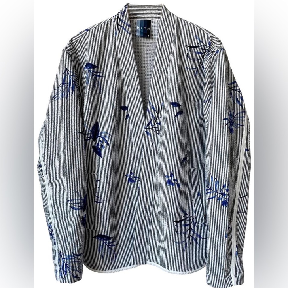 Blue Kimono Floral Print Seersucker Jacket Medium-NEW